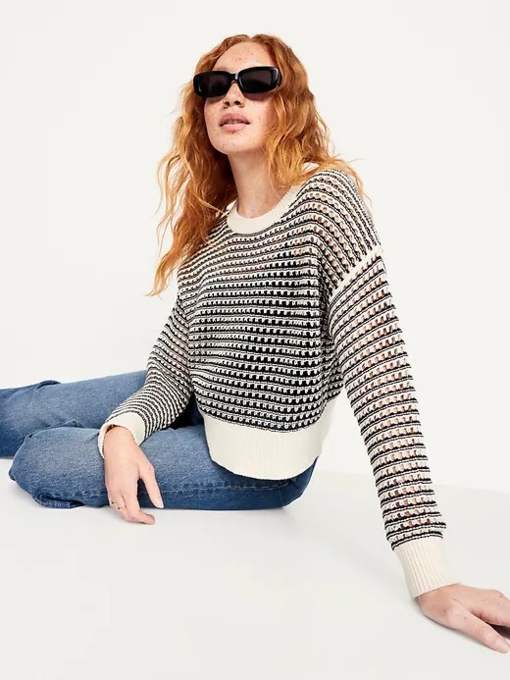 Old Navy Black & White Striped Open-Stitch Knit Sweater Size M